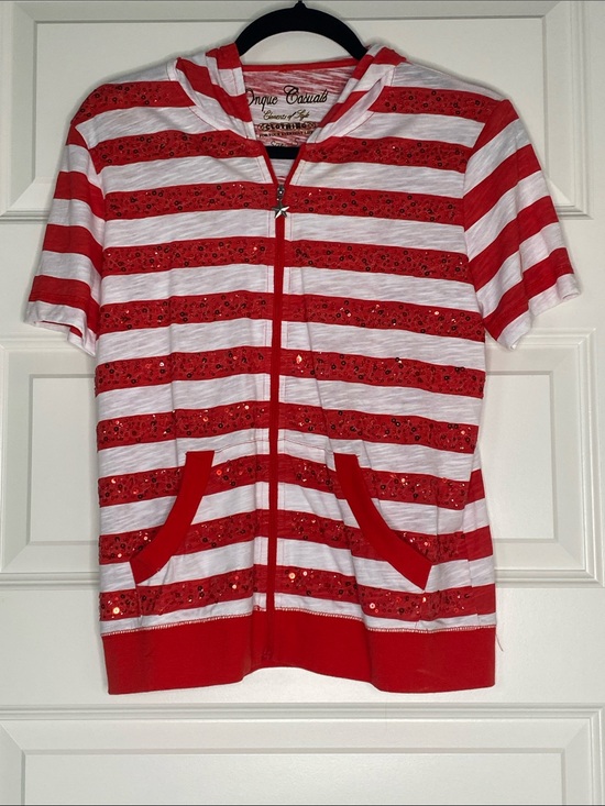 Onque Casuals Jackets & Blazers - Y2K Red & White Mallcore Hoodie with Sequins